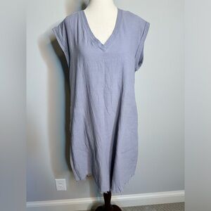 Sz S Umgee grey v neck sleeveless high low midi dress frayed edges pockets gauze